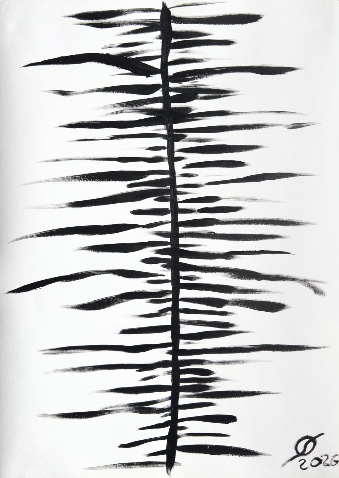 Axis — black horizontal strokes crossing a single vertical line; acrylic on paper by Oleg Strokatyy