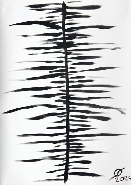 Axis — black horizontal strokes crossing a single vertical line; acrylic on paper by Oleg Strokatyy