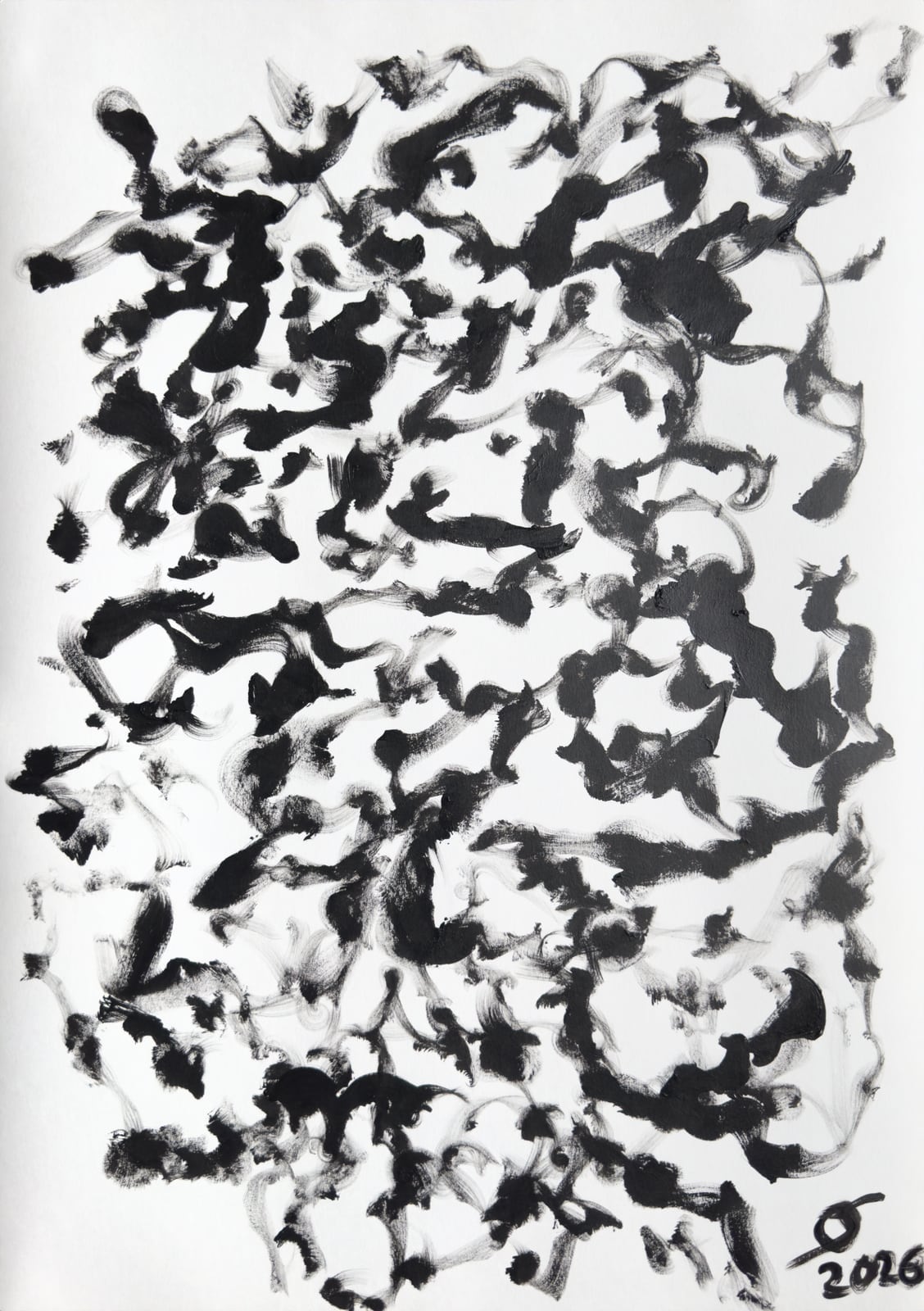 Emergence — scattered black marks forming an open network on white; acrylic on paper by Oleg Strokatyy