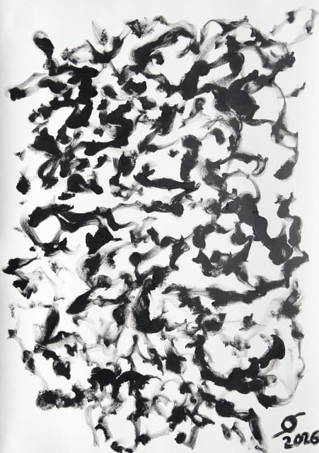 Emergence — scattered black marks forming an open network on white; acrylic on paper by Oleg Strokatyy