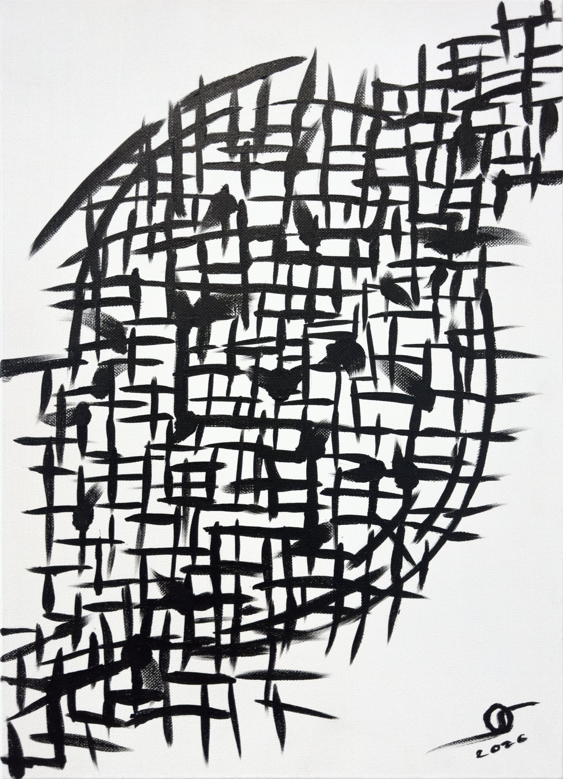 Entanglement — a dense lattice of crossing black lines on white; acrylic on paper by Oleg Strokatyy