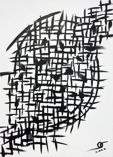 Entanglement — a dense lattice of crossing black lines on white; acrylic on paper by Oleg Strokatyy