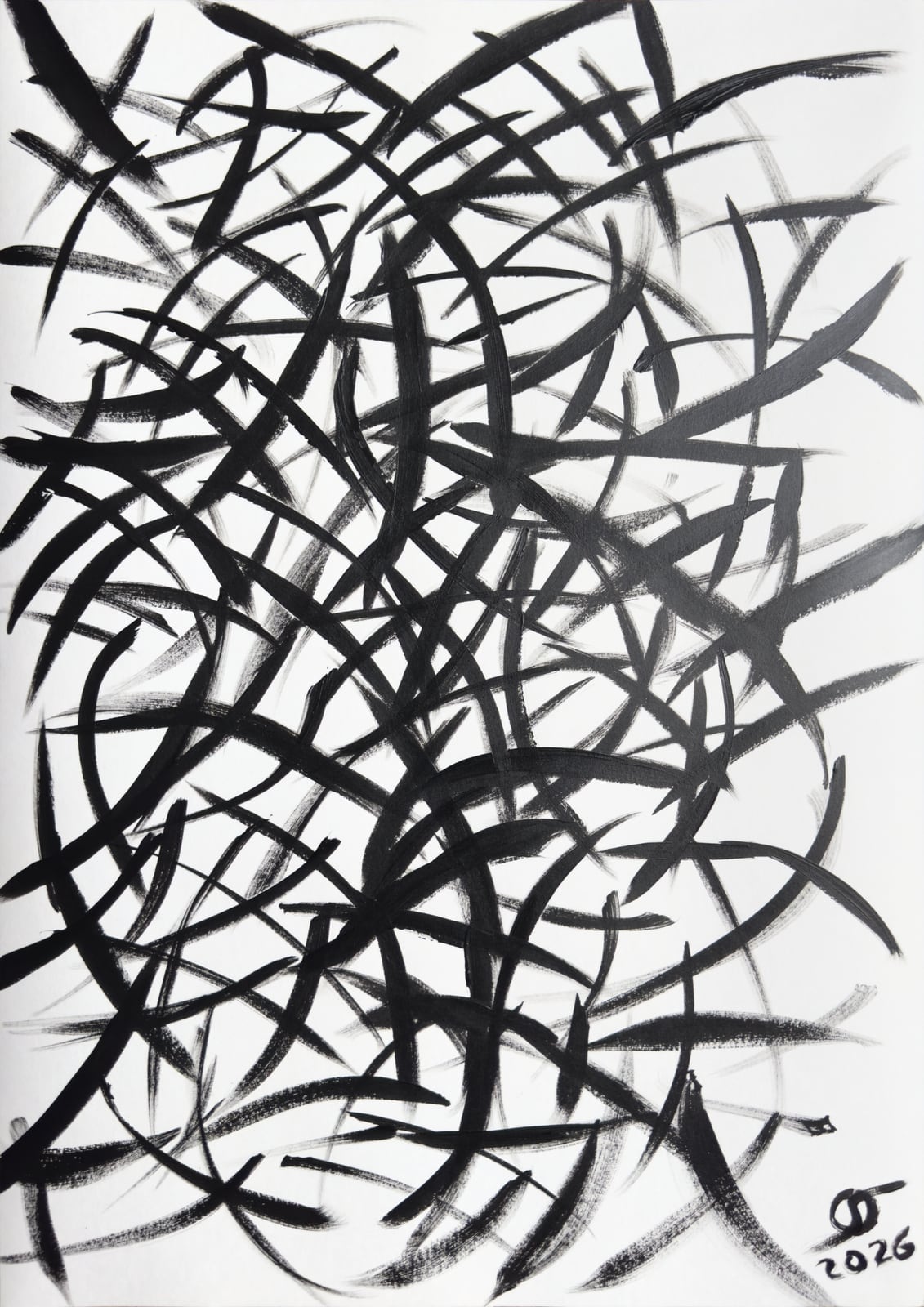 Impulse — curving black strokes crossing in an open tangle; acrylic on paper by Oleg Strokatyy