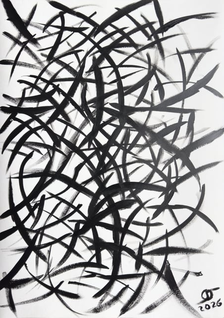 Impulse — curving black strokes crossing in an open tangle; acrylic on paper by Oleg Strokatyy
