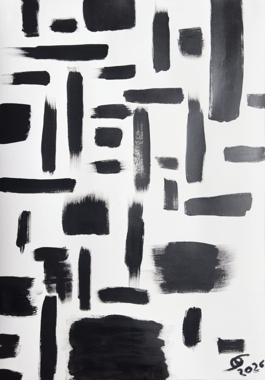 Intervals — black blocks separated by irregular spaces of white; acrylic on paper by Oleg Strokatyy