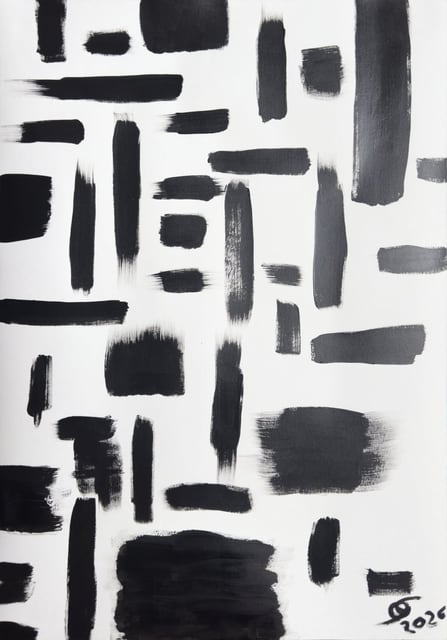 Intervals — black blocks separated by irregular spaces of white; acrylic on paper by Oleg Strokatyy