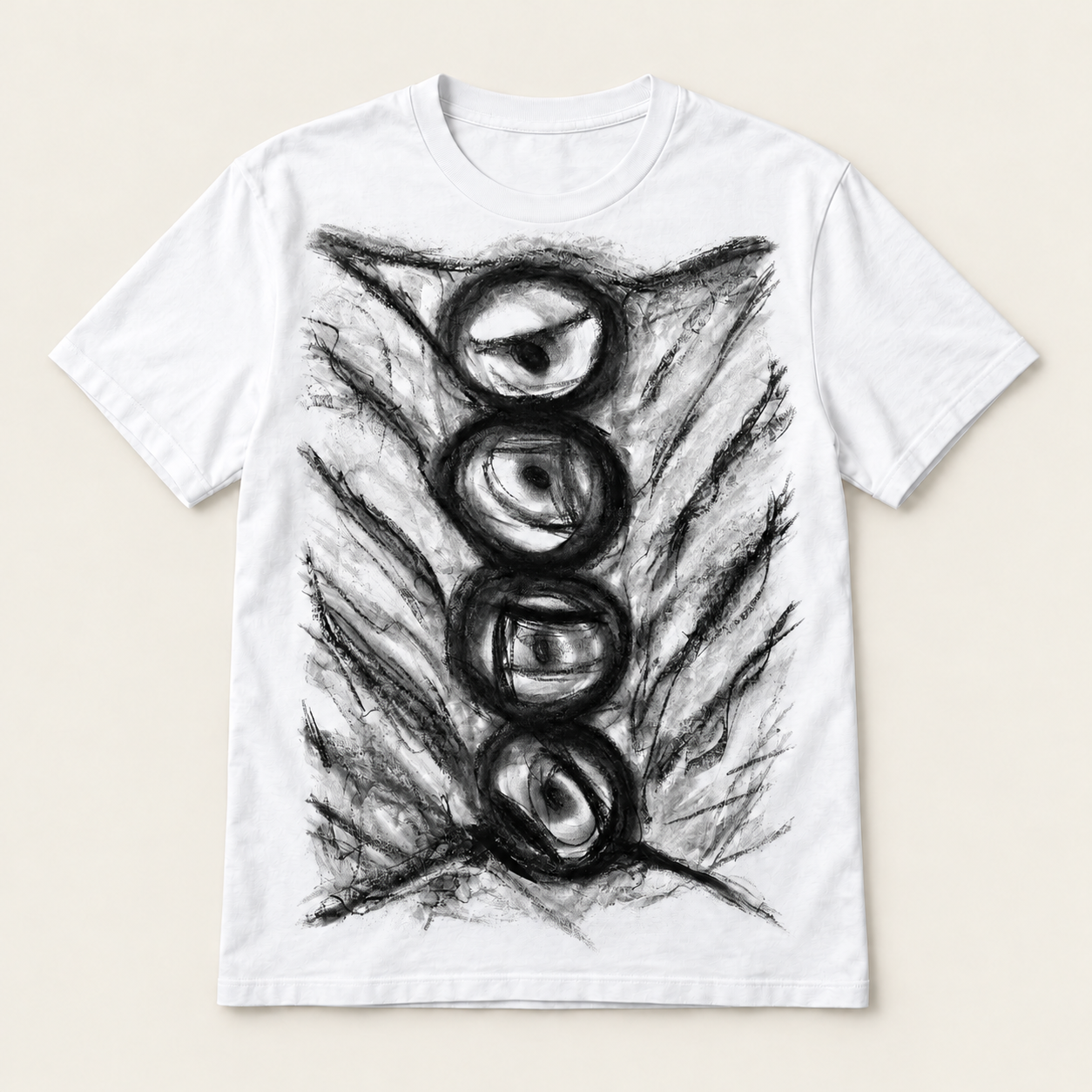 The Eye of Time print on a white T-shirt